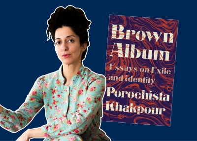 Composite image featuring author Porochista Khakpour and the cover of the book Brown Album 