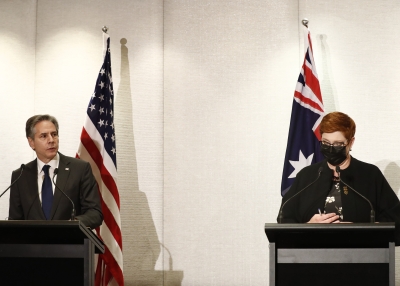 U.S. Secretary of State Antony Blinken speaks as Australia Minister for Foreign Affairs and Minister for Women Marise Payne looks on at a joint press conference of the Quad Foreign Ministers meeting at the Park Hyatt on February 11, 2022 in Melbourne, Australia. The foreign ministers of Australia, the United States, Japan, and India are meeting to discuss the countries cooperation in areas including the economy, security, and the coronavirus pandemic.