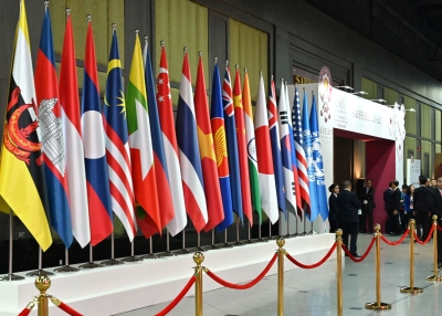 The national flags of the various countries attending the 35th Association of Southeast Asian Nations (ASEAN) Summit are displayed in Bangkok on November 4, 2019.