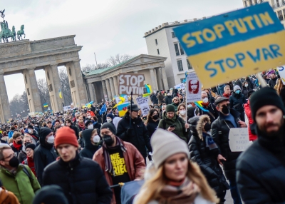 People gather at Brandenburg Gate to protest against the ongoing war in Ukraine