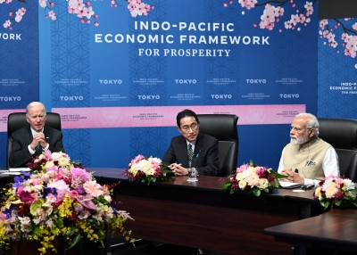 US President Joe Biden, Japan's Prime Minister Fumio Kishida, and India's Prime Minister Narendra Modi attend the Indo-Pacific Economic Framework for Prosperity at the Izumi Garden Gallery in Tokyo on May 23, 2022.
