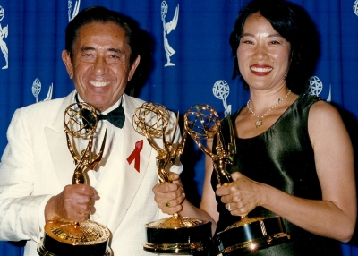 Janet Yang and Abby Mann celebrate their Golden Globes for 'Indictment' in 1996.