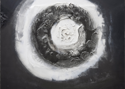 Zhang Jian-Jun,’Rubbing Planet in Shui-mo Space,’ 2022, Chinese ink, oil paint, acrylic, rice paper on canvas, Courtesy the artist