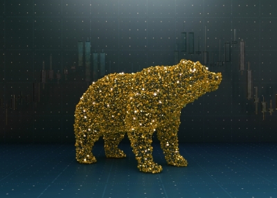 A shiny gold bear that's made out of what appears to be cubes? I'm guessing it represents finance in some way.