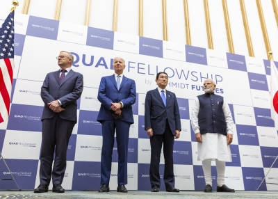 US President Joe Biden (2nd-L), Japanese Prime Minister Fumio Kishida (2nd-R), Indian Prime Minister Narendra Modi (R) and Australian Prime Minister Anthony Albanese (L) announce the Quad Fellowship, a scholarship program that will bring together American, Japanese, Australian and Indian masters and doctoral students in science, technology, engineering, and mathematics (STEM) to study in the United States, during the Quad Leaders Summit at Kantei in Tokyo on May 24, 2022.
