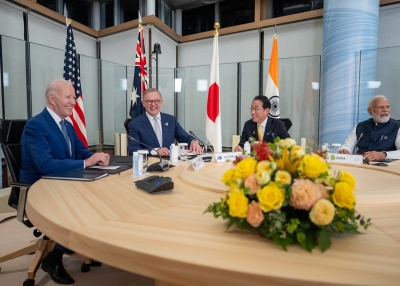 President Joe Biden attends a meeting of the Quad Alliance with Prime Minister Anthony Albanese of Australia, Prime Minister Narendra Modi of India, and Japanese Prime Minister Fumio Kishida, Saturday, May 20, 2023, at the Grand Prince Hotel in Hiroshima, Japan.