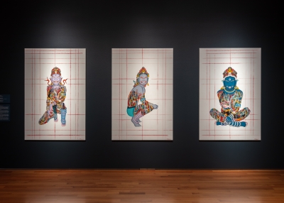 Installation image of 'Hawk,' 'Red Admiral,' and 'Tiger Milkweed,' 2019-2020, Tsherin Sherpa (American, born Nepal, 1968), acrylic and ink on canvas.