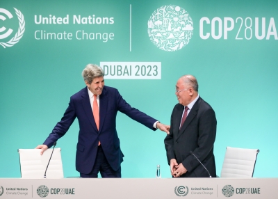 John Kerry, U.S. Special Presidential Envoy for Climate, and his Chinese counterpart Xie Zhenhua give a joint news conference on day thirteen of the UNFCCC COP28 Climate Conference on December 13, 2023 in Dubai, United Arab Emirates. The conference has gone into an extra day as delegations continue to negotiate over the wording of the final agreement. The COP28, which was originally scheduled to run from November 30 through December 12, has brought together stakeholders, including international heads of sta