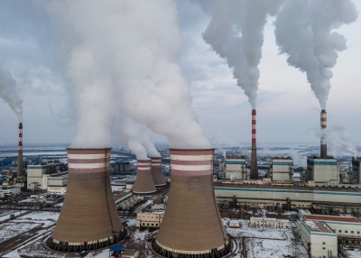 Drone Point View of Coal Fired Power Station in Winter