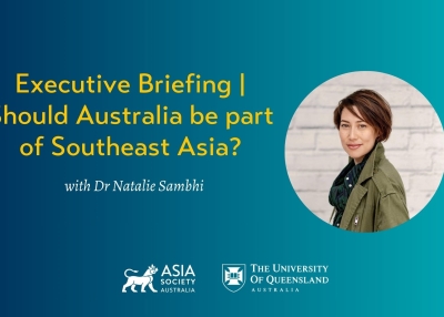 Headshot of Dr Natalie Sambhi, Senior Policy Fellow, Asia Society Australia with the heading of the event in yellow text and host's logo (University of Queensland)