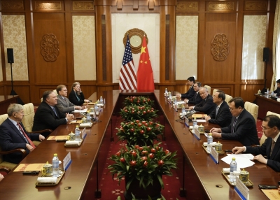   U.S. Secretary of State Mike Pompeo (L) speaks with State Councillor Yang Jiechi (R) during a meeting at the Diaoyutai State Guesthouse on October 8, 2018 in Beijing, China. (Daisuke Suzuki /Pool/Getty Images)
