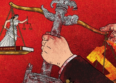 Legal scales with figure of justice on one side and hammer and sickle on the other