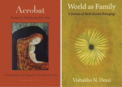 the covers of the books acrobat by nandana dev sen (left) and world as family by vishakha desai (right)