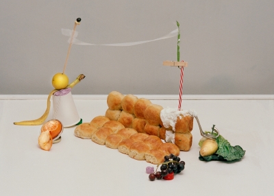 Cover of Esther Choi's Le Corbuffet, Parker house rolls stacked like a couch