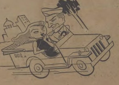 Cartoon of an East Asian woman and an American soldier riding in a Jeep