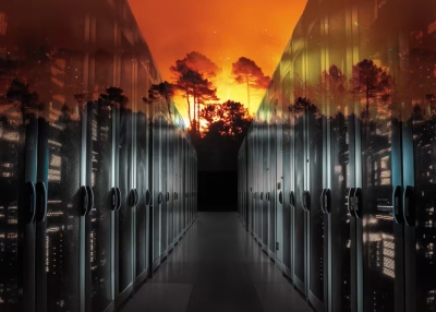 Nikkei montage image of data centers and fires