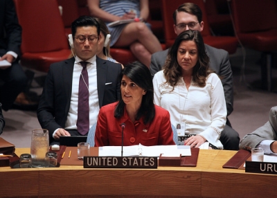 Ambassador Nikki Haley delivers remarks at an emergency UN Security Council meeting on nonproliferation in the Democratic People’s Republic of Korea, July 5, 2017 (US Mission to the UN / Flickr)