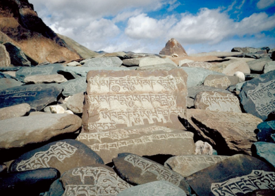 A Tibetan mantra inscribed in rocks at Zanskar, India. Photographer unknown.