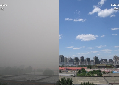 Photographs of Beijing on a blue-sky day (June 19, 2009) and a smoggy day (June 22, 2009). (Lin Yang and John Billingsley/Asia Society)