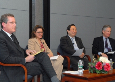 Left to right: Scott Malcomson, Stephanie Kleine-Ahlbrandt, Victor Gao, Harry Broadman (Elsa Ruiz/Asia Society)