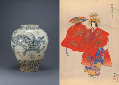 Left: Unknown artist, Jar with Dragon Design, 18th-19th Century, Porcelain with underglaze blue design, National Museum of Korea, Seoul, Right: Tsukioka Kogyo, One Hundred Plays: Hagoromo, 1925 – 1928, Colored ink woodblock on paper, Courtesy of Ruth Chandler Williamson Gallery, Scripps College.