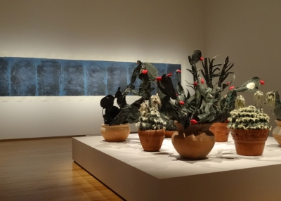 Installation view at Asia Society Texas Center of works by Zhi Lin (left) and Margarita Cabrera (right), Courtesy of the artists