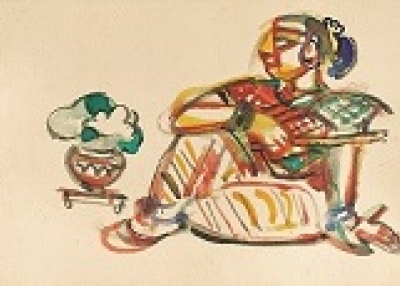 BENODE BEHARI MUKHERJEE, UNTITLED (WOMAN WITH FAN) WATER COLOUR, BRUSH AND INK O