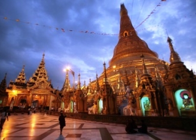 Evening at Shwedagon Pagoda in Yangon.