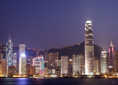 The Hong Kong skyline at night.