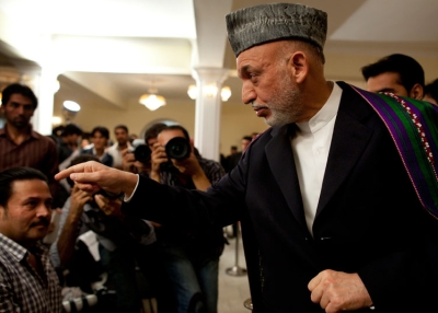 President Hamid Karzai speaks to the media at the Presidential palace on September 17, 2009 in Kabul, Afghanistan after full preliminary election results were announced. (Paula Bronstein/Getty Images)