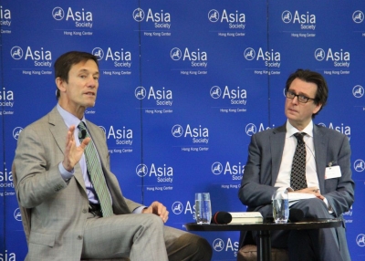 Mark Tercek, author and CEO of the Nature Conservancy (L) with Financial Times Asia Editor David Pilling in Hong Kong on June 11, 2013. (Asia Society Hong Kong) 