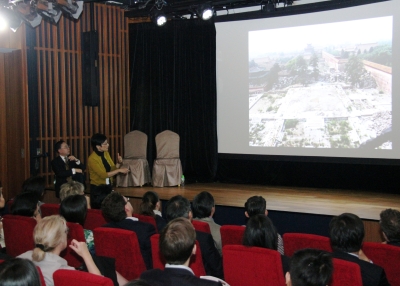 Ronnie C. Chan and Happy Harun giving an illustrated talk on Beijing heritage conservation projects on October 10, 2012. (Asia Society Hong Kong Center) 