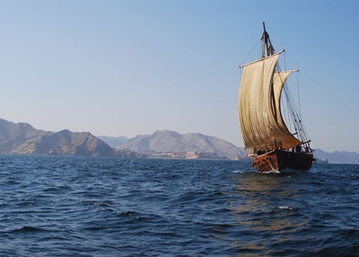 The Jewel of Muscat, a ship constructed based on the Belitung wreck and evidence of early West Asian shipbuilding, during sea trials off Oman. (Photography by Michael Flecker)