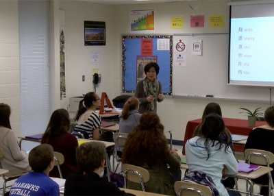 Jen Lin teaches her novice Chinese class at Glastonbury High School.