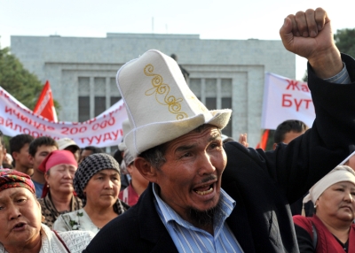 Supporters of the Kyrgyz Byutun party protest against the results of the Parliamentary elections in Bishkek on October 18, 2010. (Vyacheslav Oseledko/AFP/Getty Images)