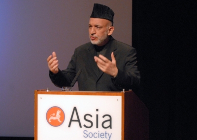 Hamid Karzai Afghan President Hamid Karzai addresses the Asia Society in New York on September 23, 2008. (Elsa Ruiz/Asia Society)