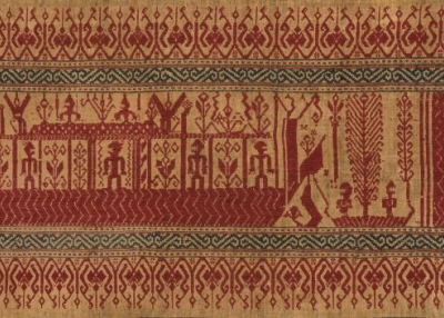 Tampan Pasisir 18th – 19th C, part view of cotton woven ritual cloth from coastal area with triple boat, ancestors & tree of life motifs © Thomas Murray