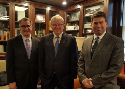 Kevin Rudd with Tufts University President Anthony Monaco and Professor Daniel Drezner at the Fletcher School of Law and Diplomacy on March 10, 2017. (Anubhav Gupta)
