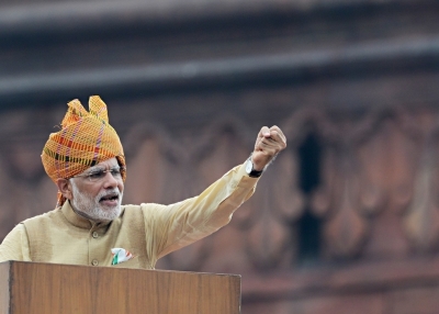 Indian Prime Minister Narendra Modi gestures as he delivers his Independence Day speech from The Red Fort in New Delhi on August 15, 2015. (Roberto Schmidt/AFP/Getty Images)