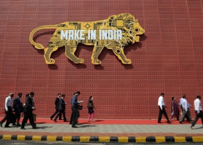 Visitors walk past one of the pavilions of the 'Make in India Week' in Mumbai on February 14, 2016. Over 190 companies, and 5,000 delegates from 60 countries, are taking part in the first 'Make in India' week held in Mumbai from February 13-18. INDRANIL MUKHERJEE/AFP/Getty Images
