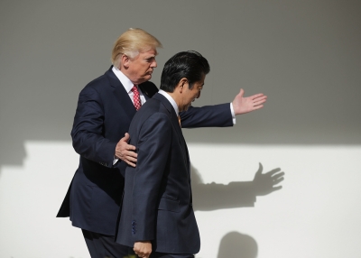 U.S. President Donald Trump and Japan Prime Minister Shinzo Abe walk together to their joint press conference in the East Room at the White House on February 10, 2017 in Washington, DC. (Chip Somodevilla/Getty Images)