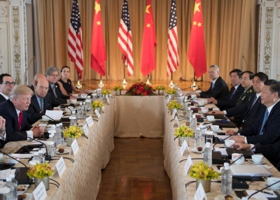 US President Donald Trump and Chinese President Xi Jinping hold an expanded bilateral meeting at the Mar-a-Lago estate in West Palm Beach, Florida on April 7, 2017. (Jim Watson / AFP / Getty Images)