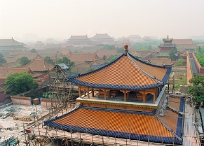 The Pavilion of Prolonged Spring under construction in the Forbidden City