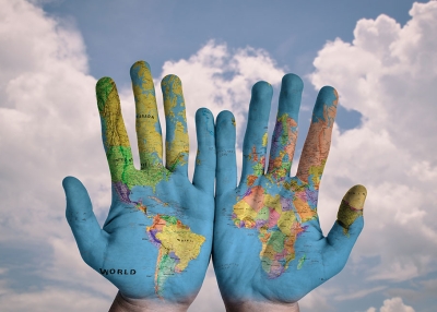 World map on hands