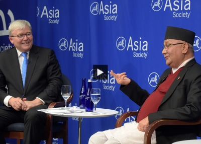 Prime Minister of Nepal K. P. Sharma Oli in discussion with ASPI President Kevin Rudd at Asia Society New York
