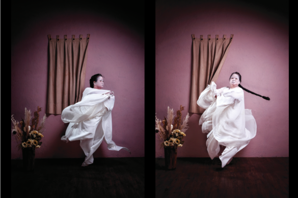 Two photos of performance artist Melati Surydarmo placed side by side.