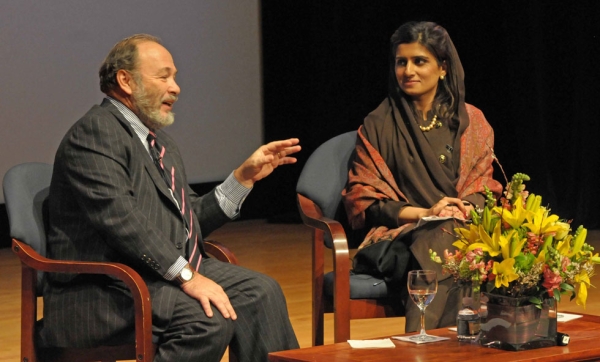 Pakistan Foreign Minister Hina Rabbani Khar (R) listens to TIME columnist Joe Klein during an event at Asia Society in New York on Tuesday, January 15, 2013. (Elsa Ruiz/Asia Society)