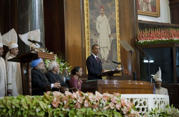 President Barack Obama addresses the Indian Parliament in New Delhi on Nov. 8, 2010. (Jim Watson/AFP/Getty Images) 