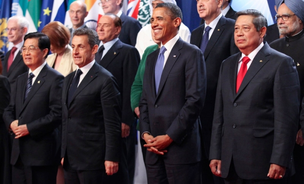(L to R) Chinese President Hu Jintao, French President Nicolas Sarkozy, U.S. President Barack Obama and Indonesia's President Susilo Bambang Yudhoyono stand together for a photograph at the Group of 20 (G20) Cannes Summit at the Palais des Festivals November 3, 2011 in Cannes, France. (Chris Ratcliffe-Pool/Getty Images)