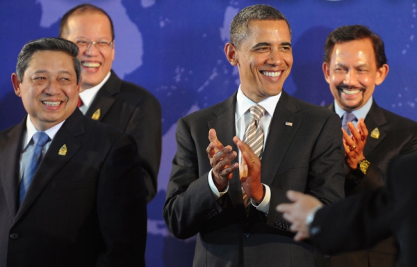 U.S. President Barack Obama (2nd R) applauds with Southeast Asian leaders, Indonesian President Susilo Bambang Yudhoyono (L), Philippines President Benigno Aquino (2nd L) and Brunei Sultan Hassanal Bolkiah (R), during a group photo session for the leaders of the East Asia Summit in Nusa Dua on Indonesia's resort island of Bali on November 19, 2011 following the Association of Southeast Asian Nations (ASEAN) Summit. (Romeo Gacad/AFP/Getty Images)